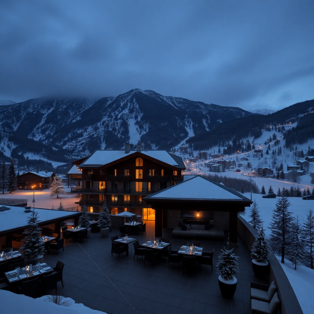 Sport Hotel Hermitage Soldeu Andorra luxury hotel exterior terrace panoramic Grandvalira ski slopes mountain view winter editorial photography dark cinematic alpine luxury