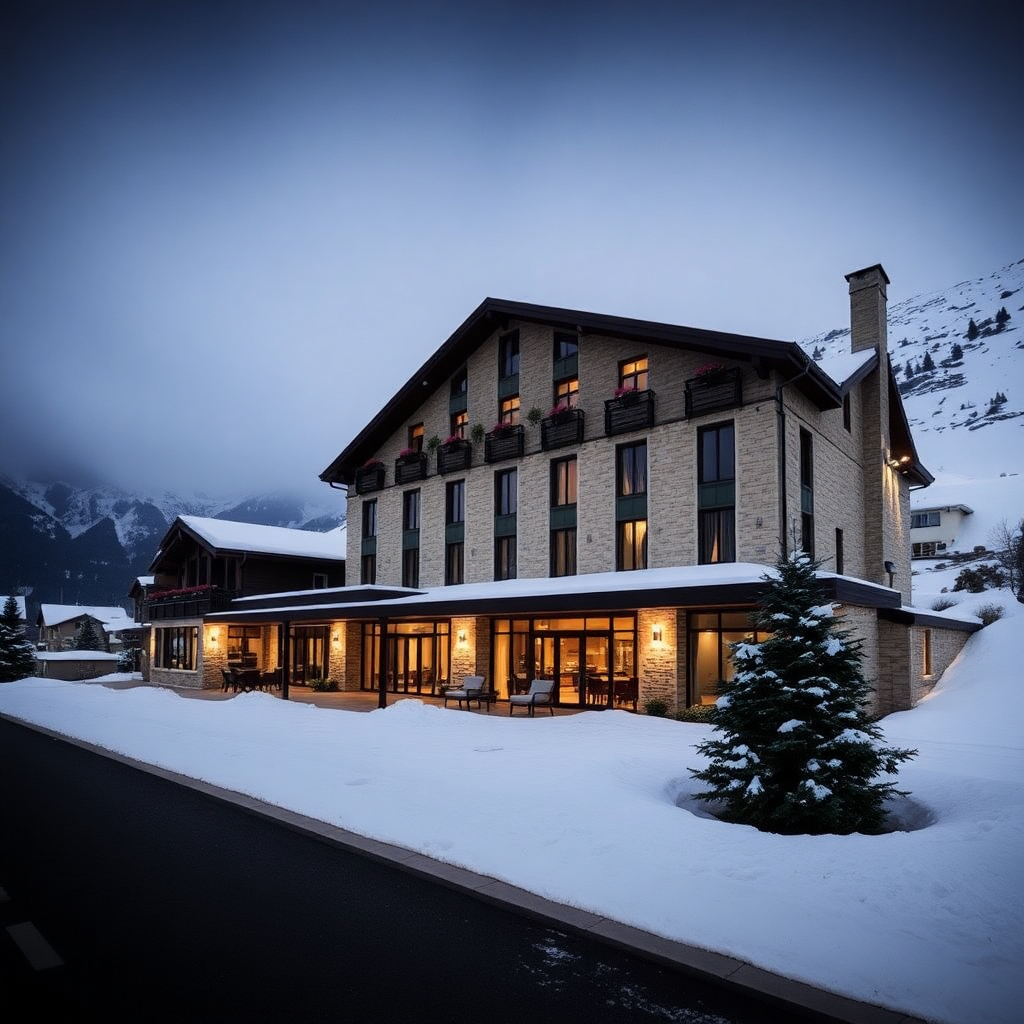 Sport Hotel Hermitage Soldeu Andorra luxury alpine mountain hotel exterior ski resort Grandvalira editorial photography dark cinematic champagne tones
