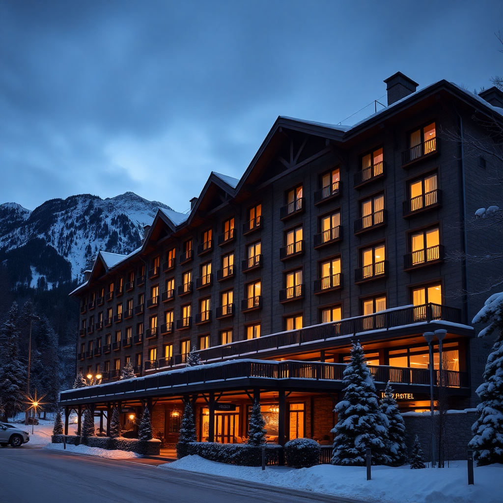 Sport Hotel Hermitage Soldeu Andorra exterior luxury ski resort hotel mountain view winter snow editorial photography dark cinematic champagne gold tones large resort hotel alpine Grandvalira