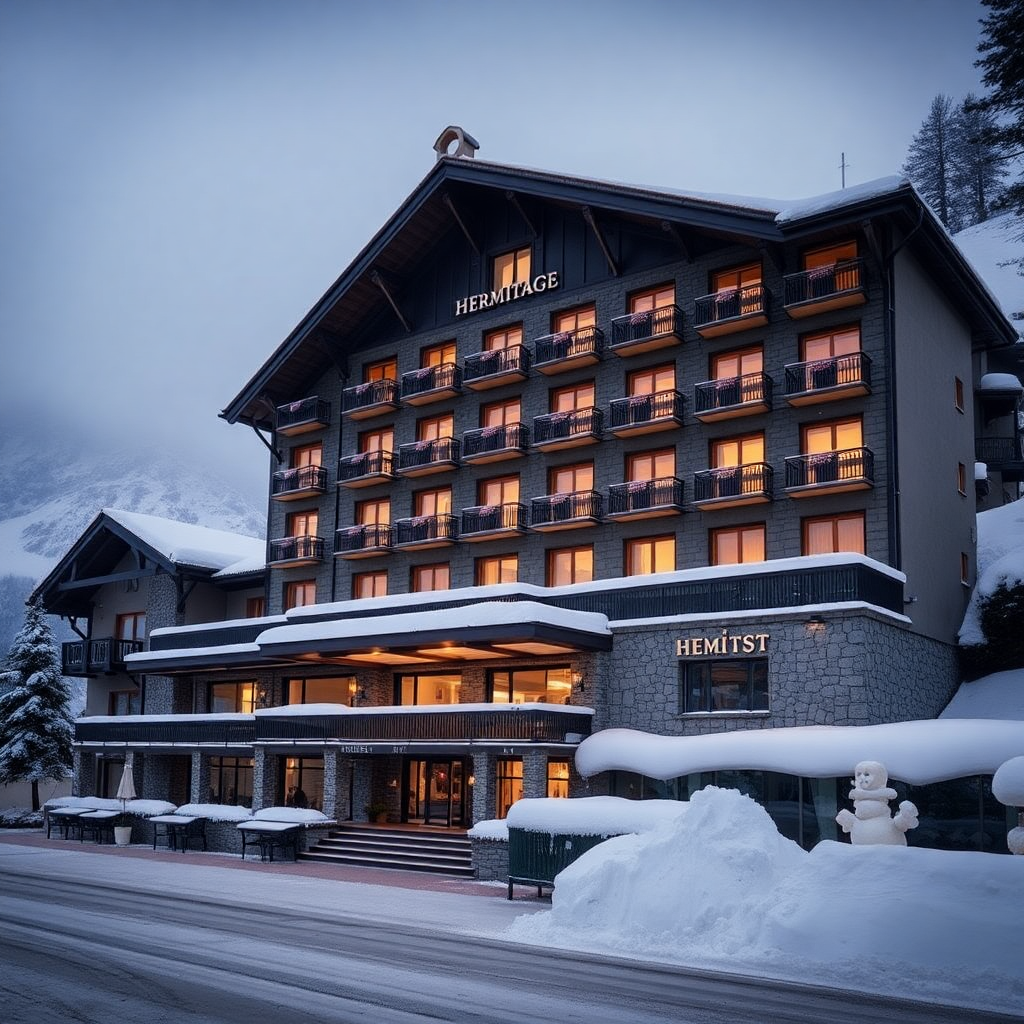 Sport Hotel Hermitage Soldeu Andorra luxury ski hotel exterior ski-in ski-out mountain snow winter editorial photography dark cinematic champagne tones