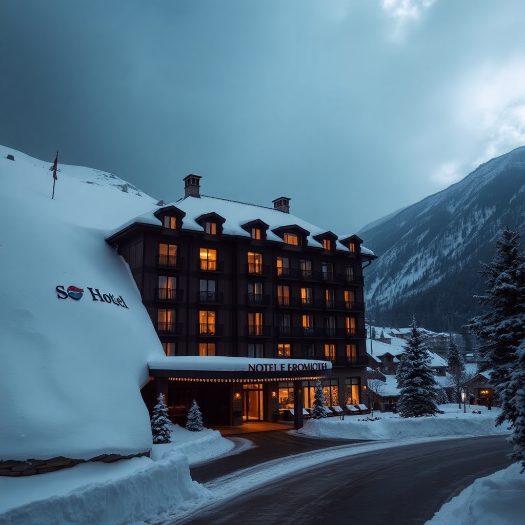 Sport Hotel Hermitage Soldeu Andorra luxury alpine hotel exterior snow covered Grandvalira ski resort dramatic Pyrenees mountains cinematic editorial dark moody champagne gold tones luxury hospitality photography