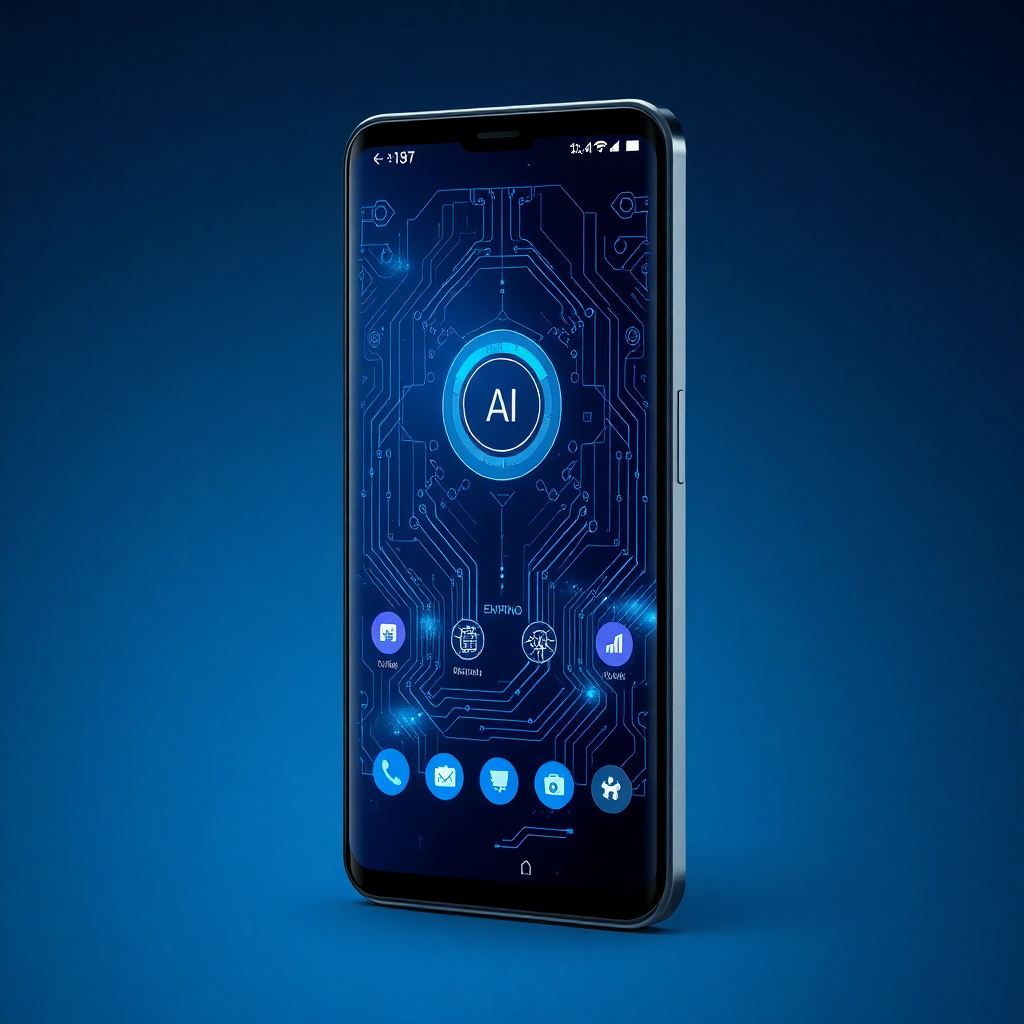Android telefoon mockup met AI-gebaseerde mobiele applicatieinterface, moderne ontwerp, tech thema