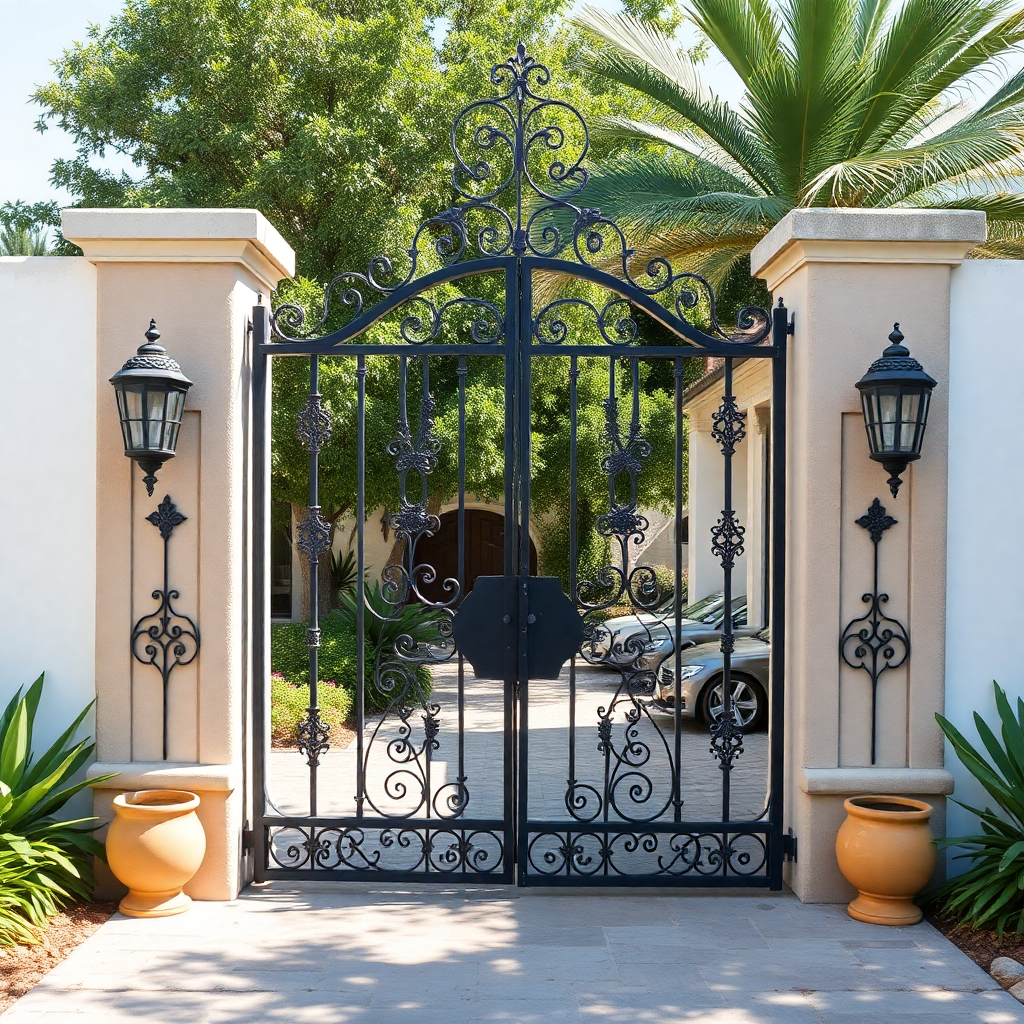 ornate wrought iron gate with coastal Portuguese design elements, handcrafted details