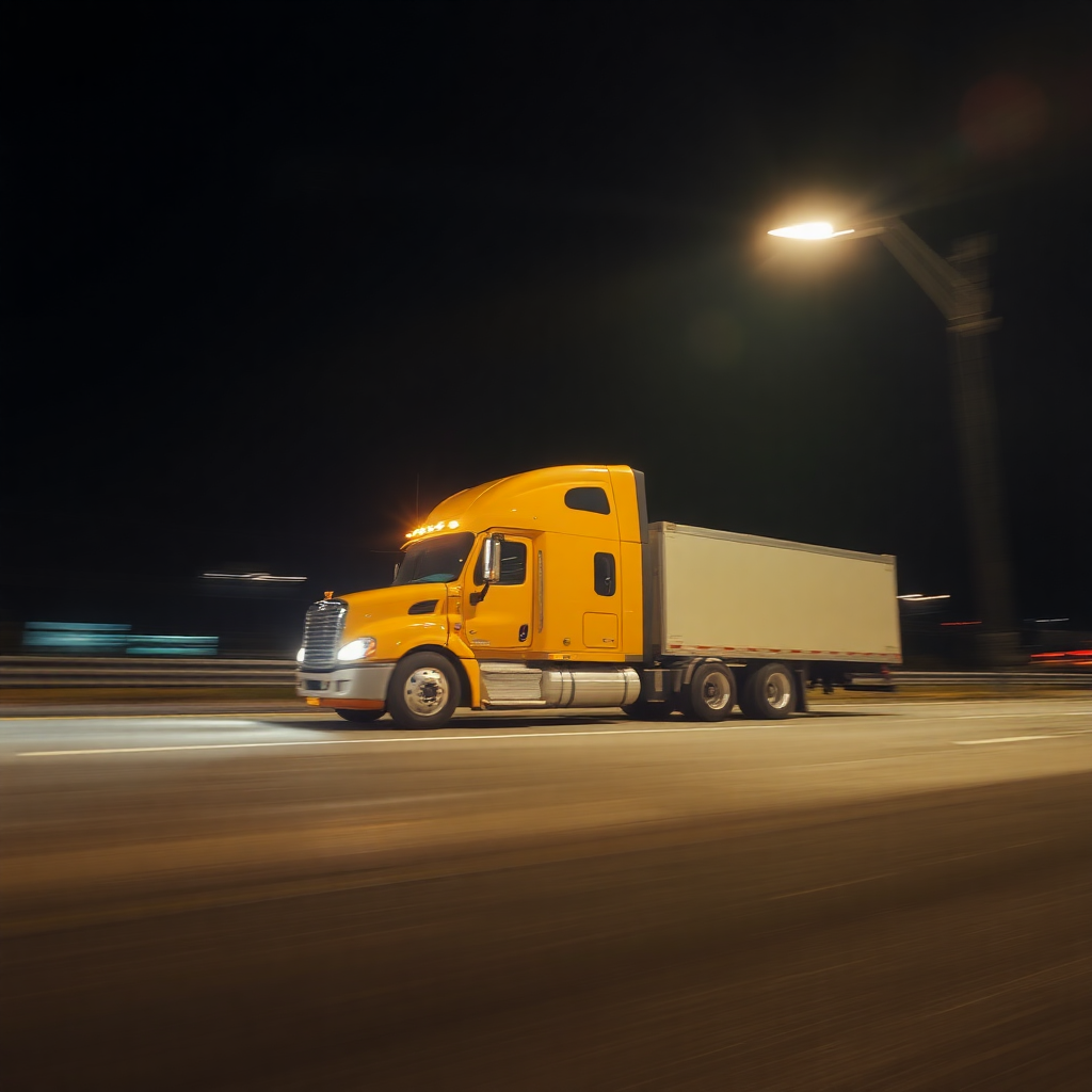 semi truck driving on highway at night, motion blur lights