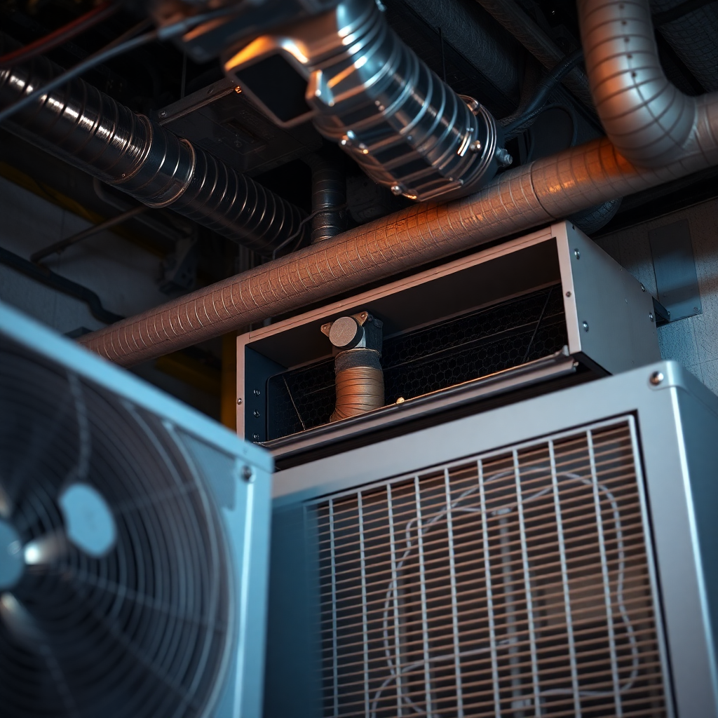 HVAC technician working on commercial air conditioning unit, professional industrial photography, dramatic lighting