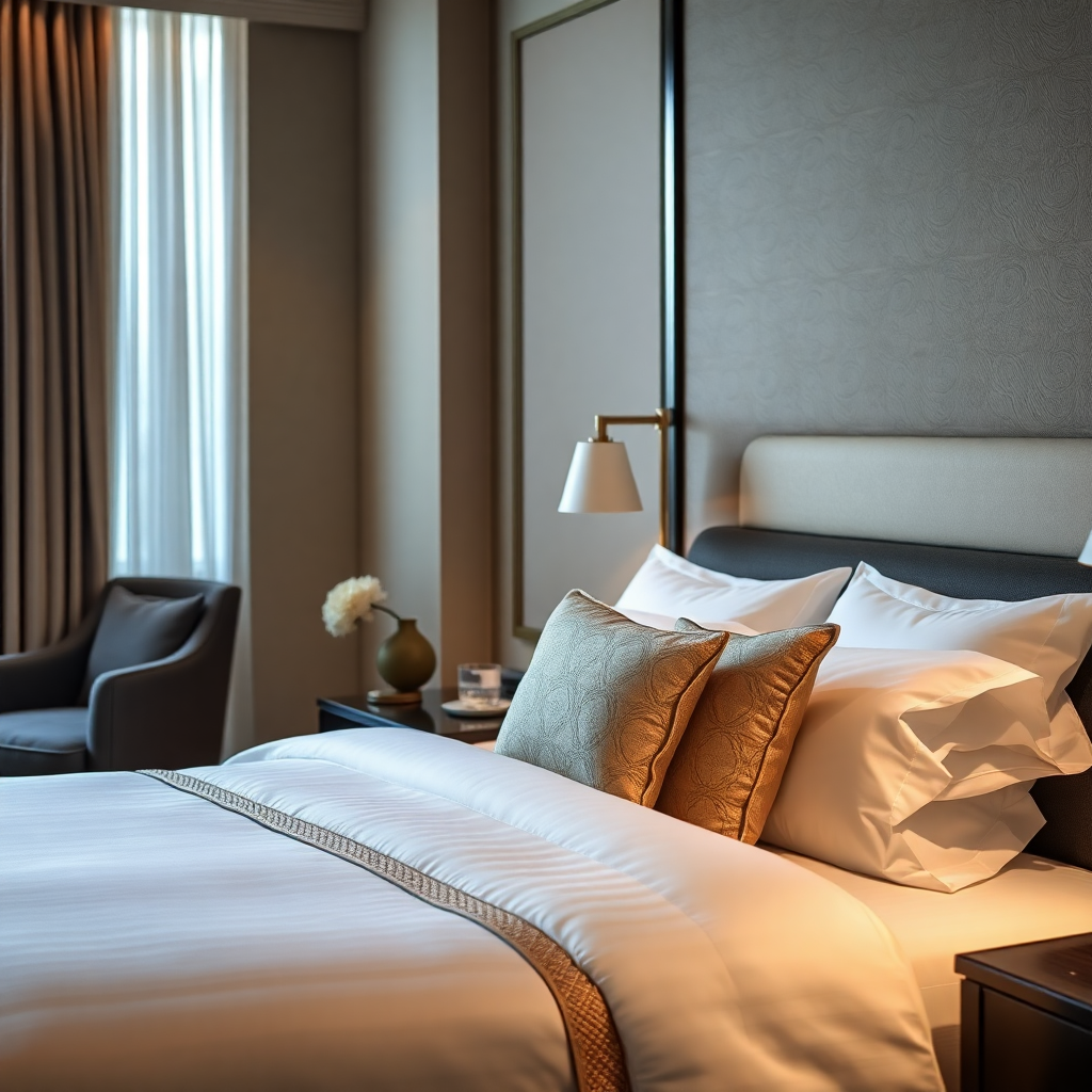 luxury hotel room interior detail, elegant bedding, premium linens, sophisticated decor