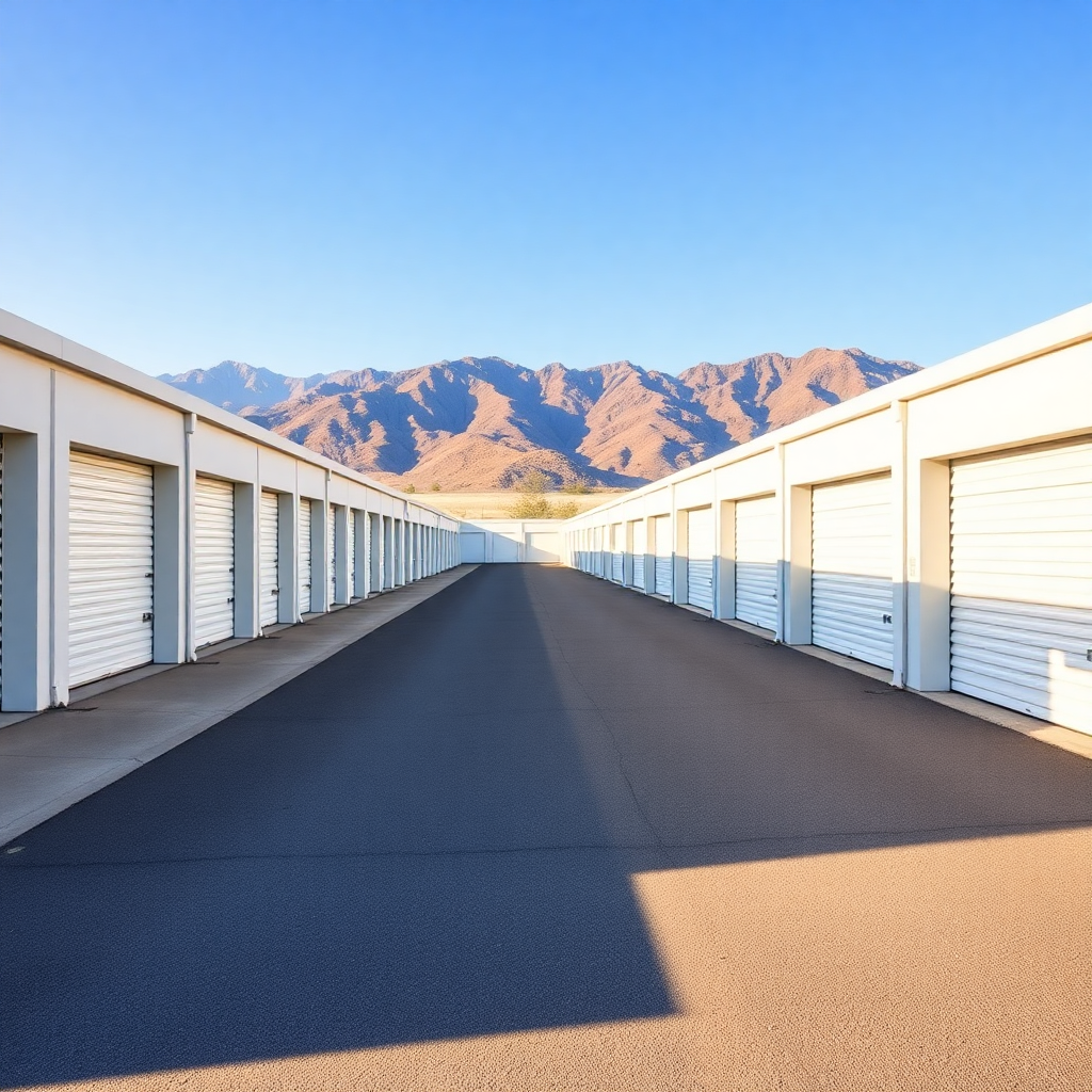 wide shot of a clean modern self storage facility with rows of white garage doors, paved driveway, mountains in the background, bright sunny day blue sky, photorealistic
