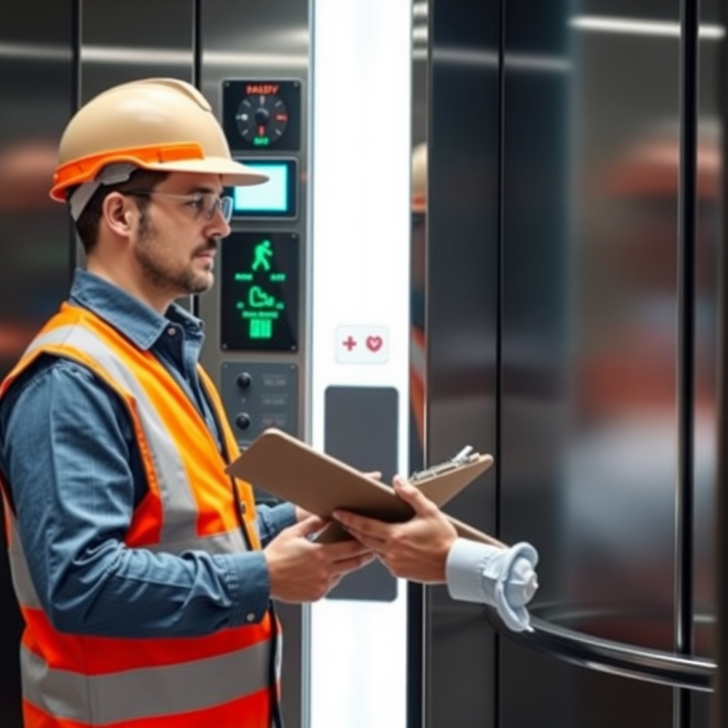 engineer testing elevator control panel, safety inspection with clipboard, professional certification process