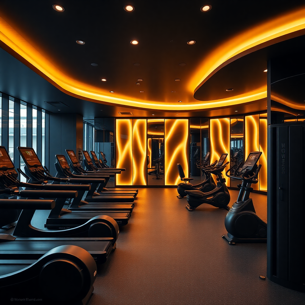 luxury gym interior modern equipment dark lighting golden accents motivational atmosphere