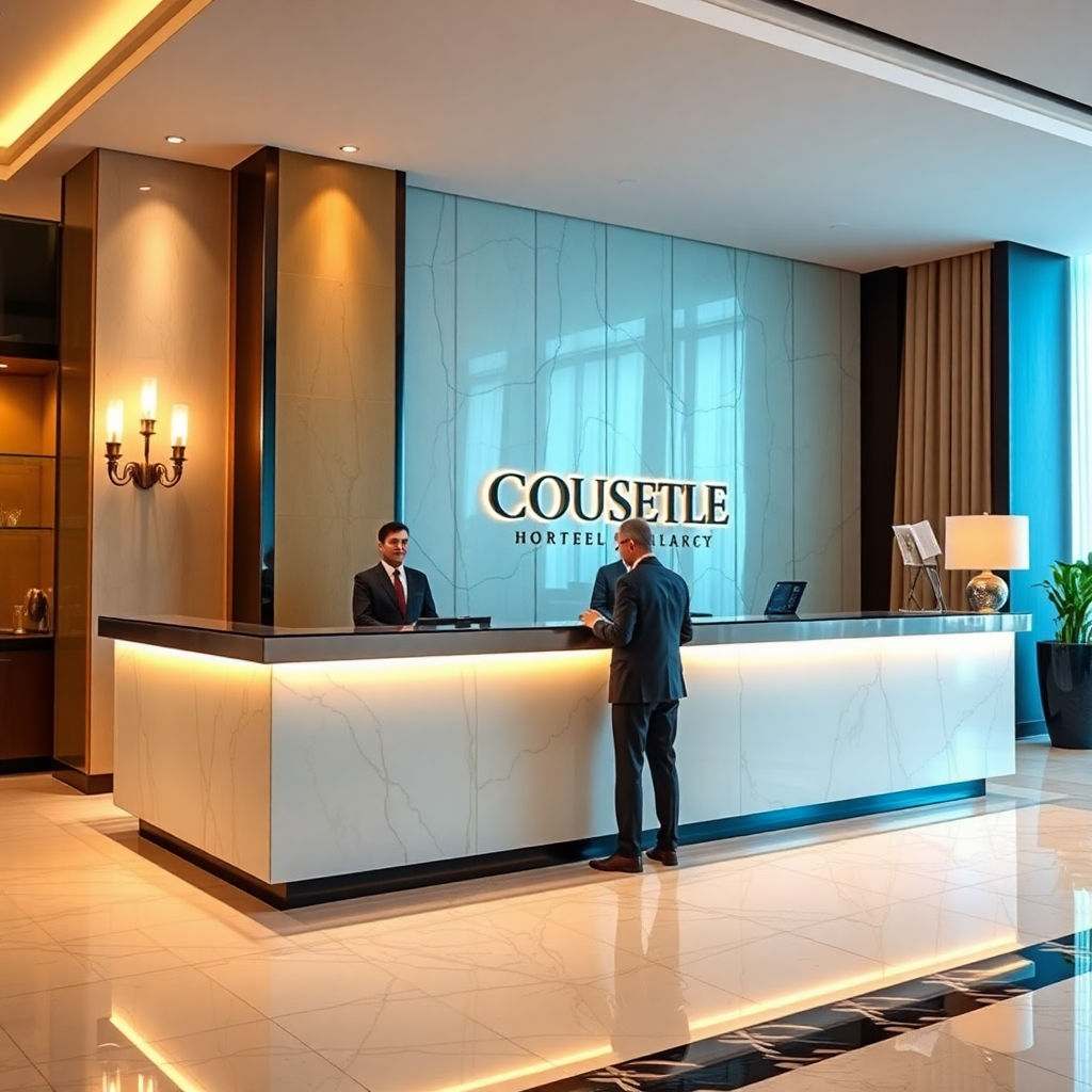 luxury hotel concierge desk, professional staff, elegant lobby service area, premium hospitality