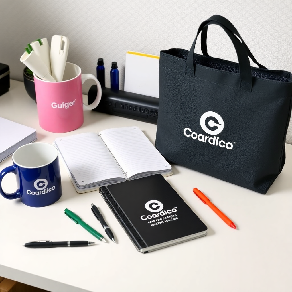 composition of branded promotional items like mugs, notebooks, pens and tote bags on a desk