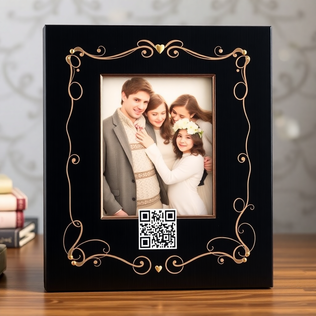 memorial photo frame with integrated QR code, elegant design, emotional product