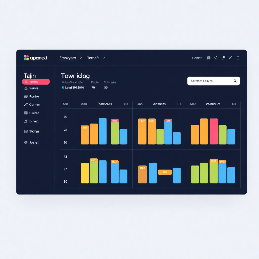 modern team calendar dashboard interface showing employee leave schedules with colorful bars, clean UI design, professional software interface