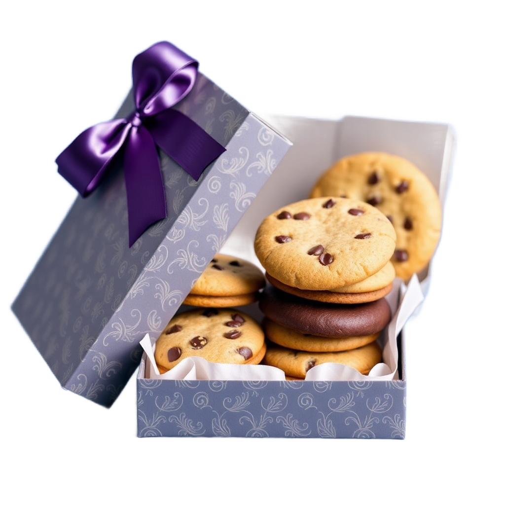 stack of assorted cookies in a beautiful branded gift box, premium packaging