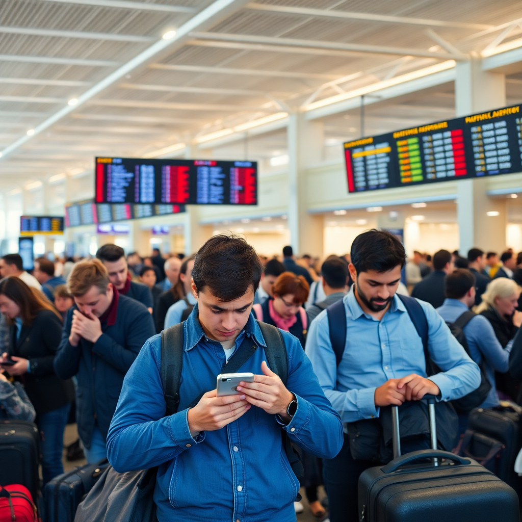 busy airport terminal with frustrated passengers looking at phones, delayed flights on departure boards, crowded waiting areas, stressed travelers with luggage, bored people sitting and waiting, modern airport interior