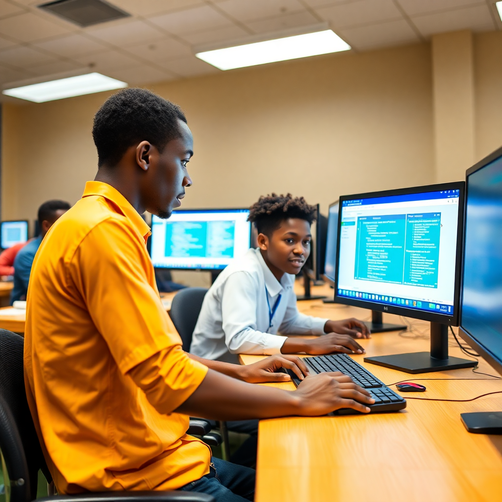 Nigerian youth learning coding and technology in computer lab, digital education, students at computers, Enugu, modern classroom, bright lighting, educational photography