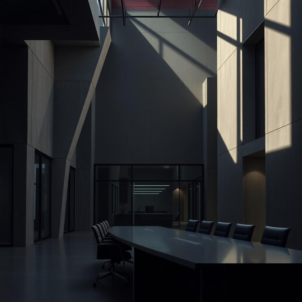 High-end architectural photography of a modern, brutalist office space with dramatic lighting, deep shadows, and sleek lines. Professional, cinematic, dark editorial style.