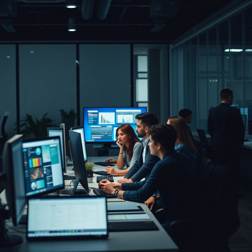 Modern office workspace with diverse team