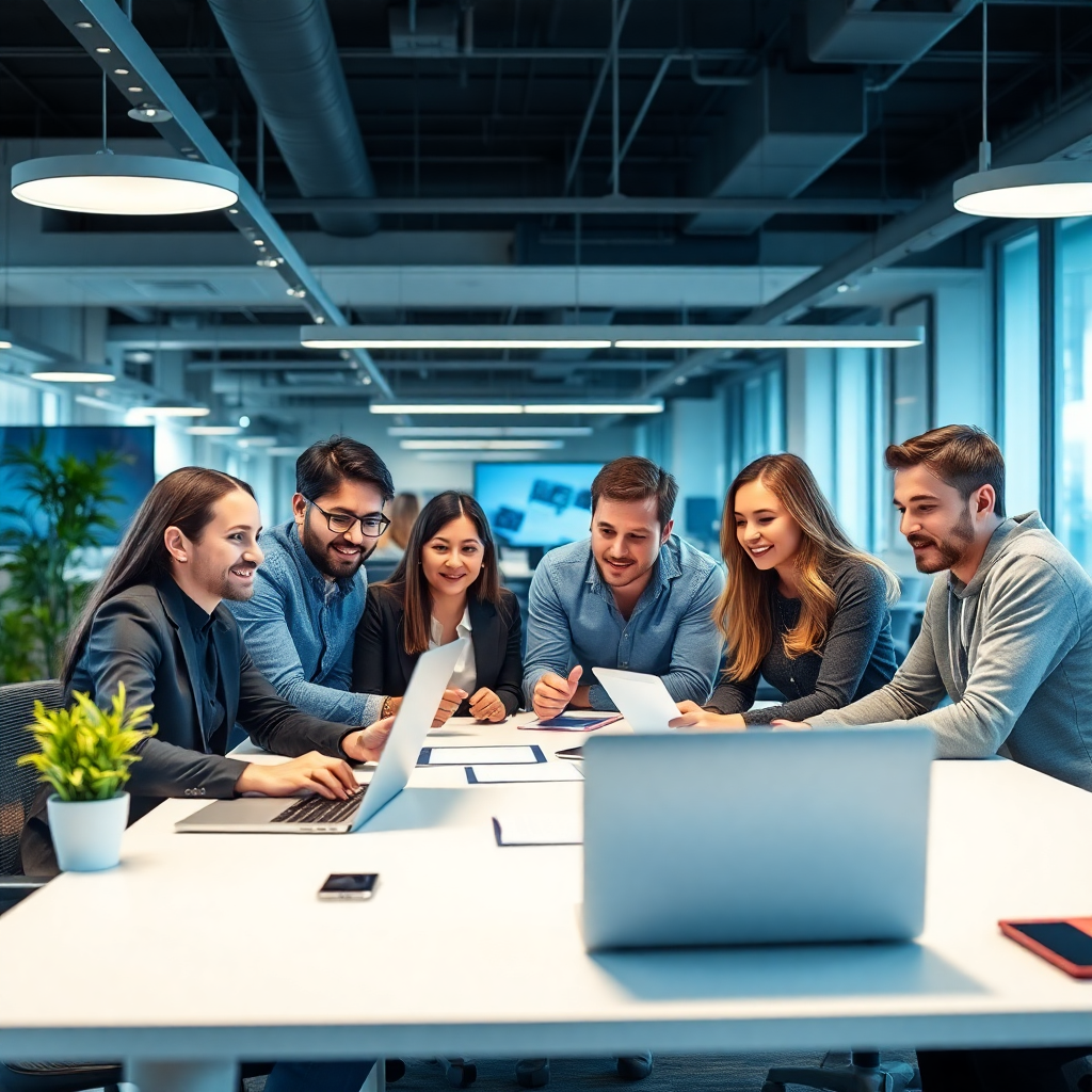 modern office workspace with diverse team collaborating on digital projects, creative technology environment, professional team meeting
