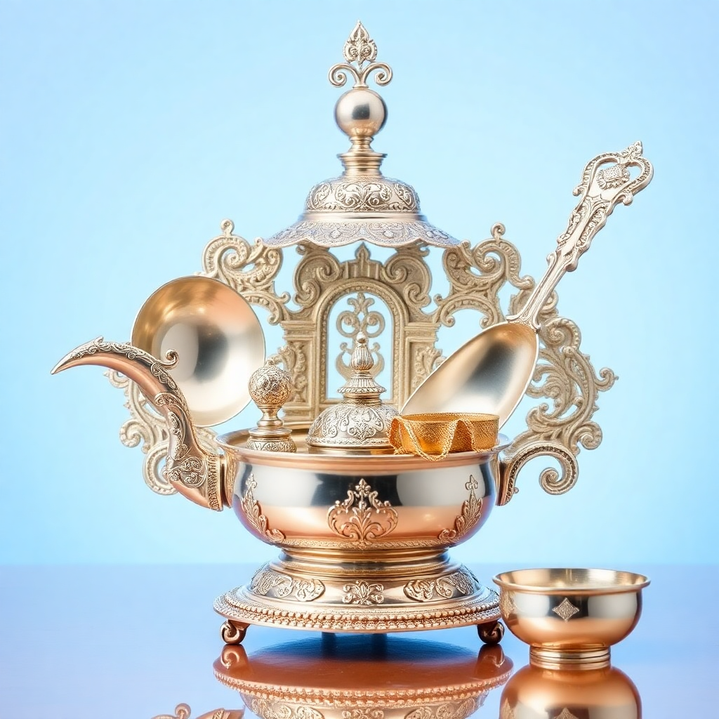 silver pooja items and religious artifacts, traditional Indian silver utensils, luxury showcase