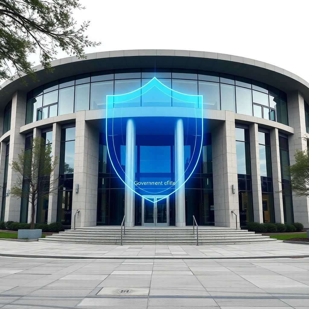 modern government office building with digital security overlay, blue holographic shield, professional photography, high-tech aesthetic