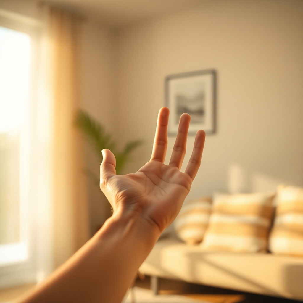 Cinematic soft focus photography of a hand interacting with floating augmented reality elements in a warm natural lit room, organic shapes, soft edges