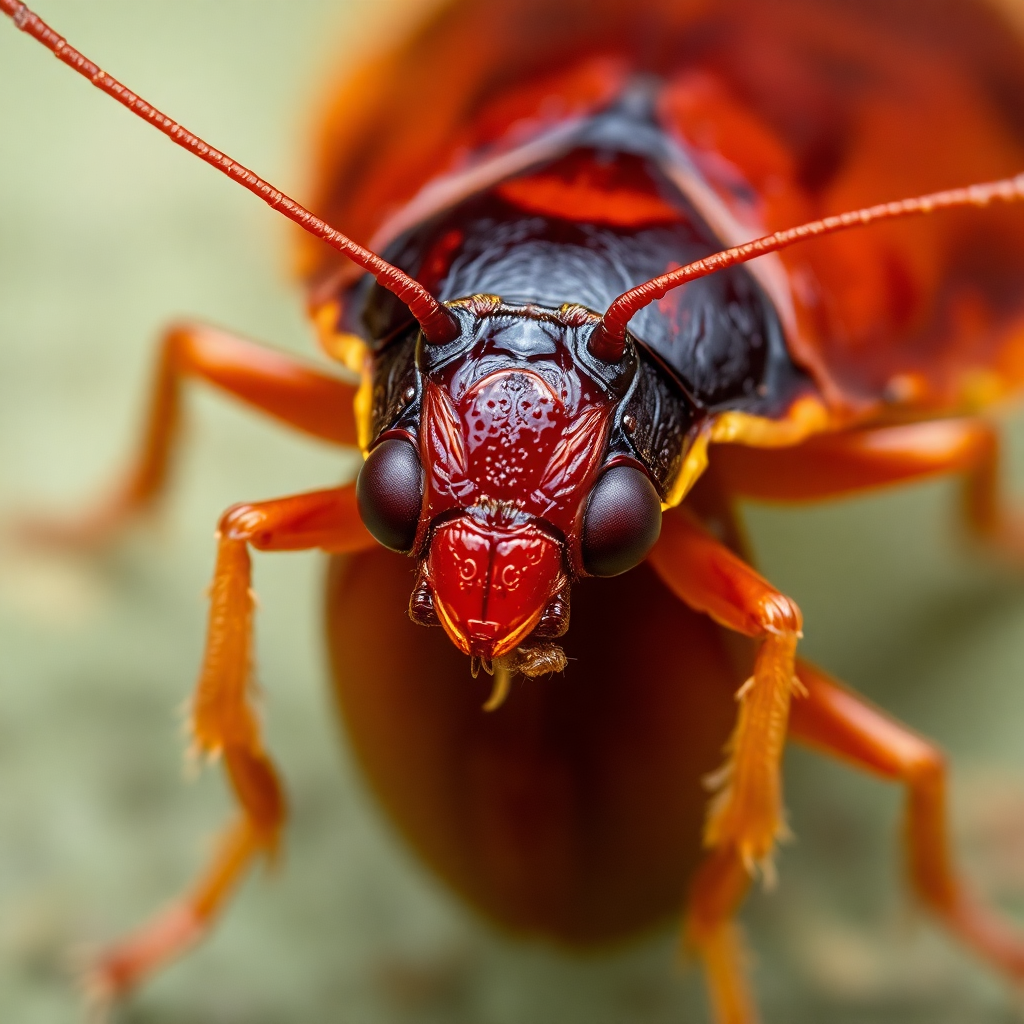 American cockroach insect close-up macro photography, reddish-brown color, large size, scientific identification photo