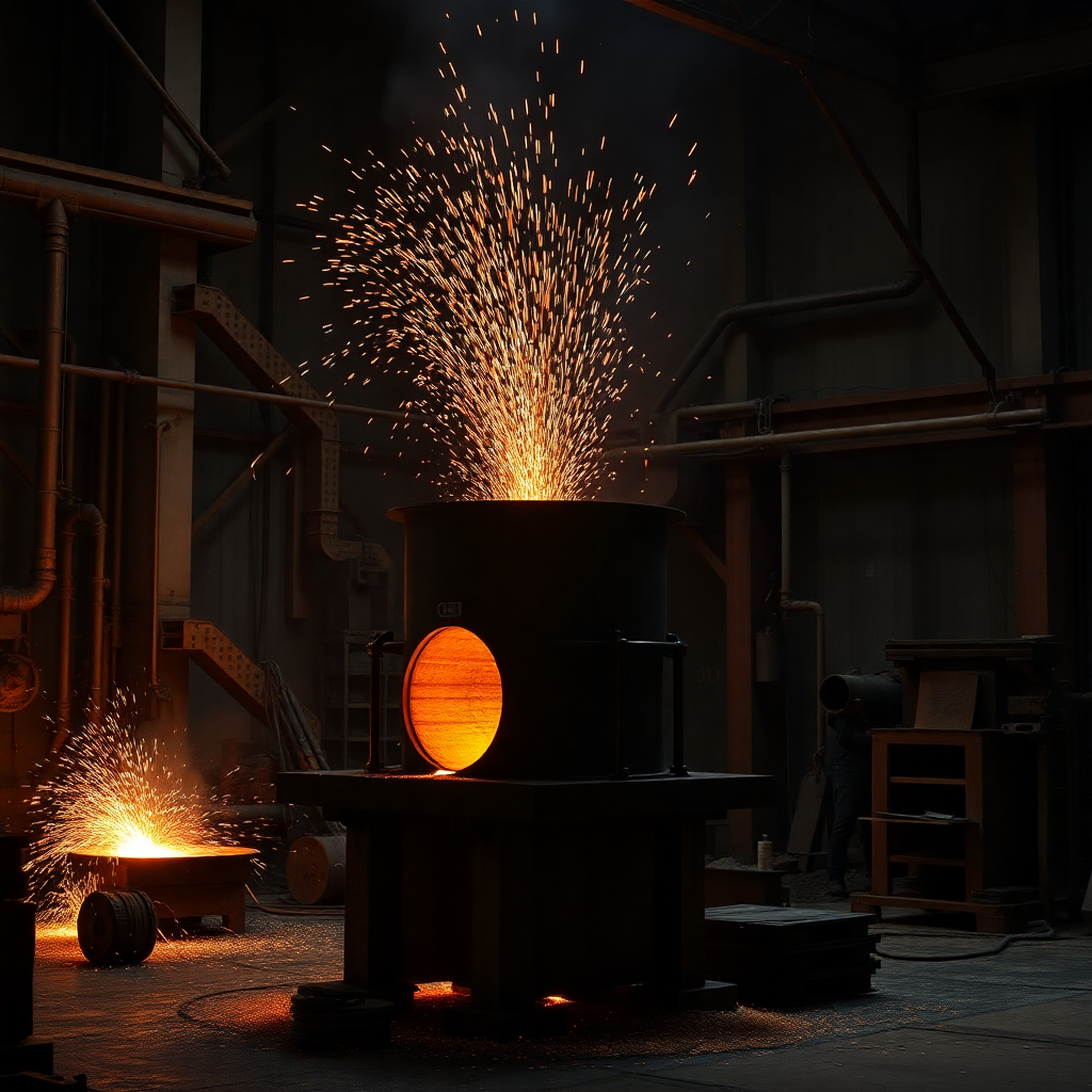 industrial investment casting foundry with molten metal and sparks, cinematic lighting, high quality photography