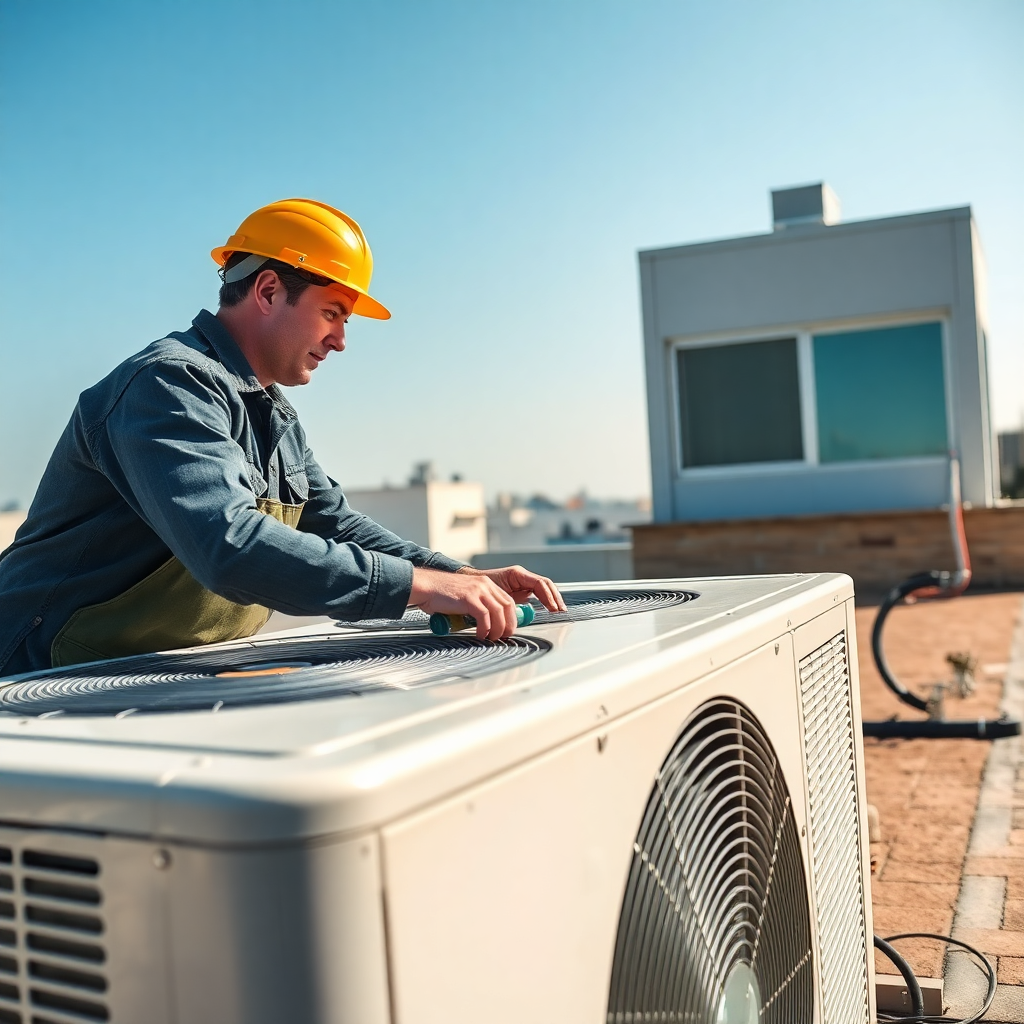 hvac technician in a hard hat working on an outdoor air conditioning unit on a sunny rooftop, detailed shot