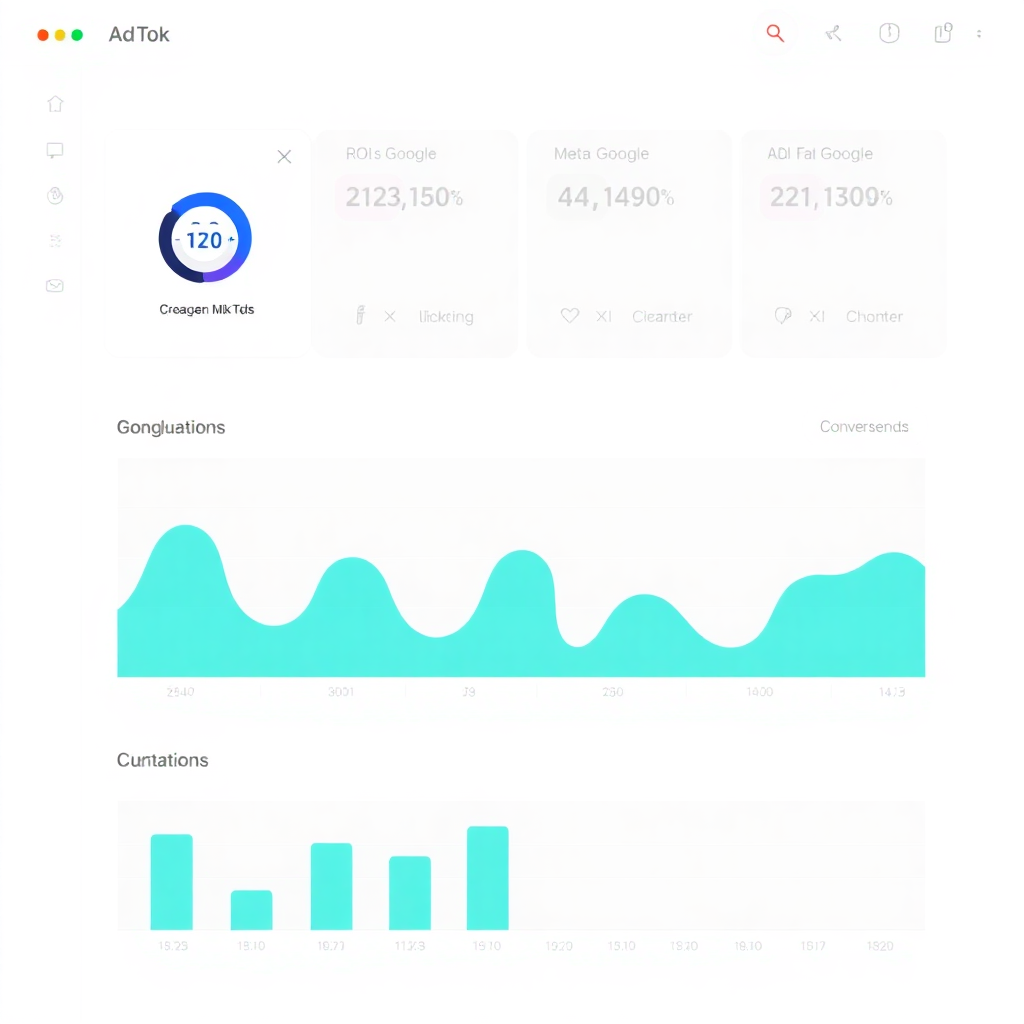A dashboard view showing ad performance metrics like ROI, clicks, and conversions for Google, Meta, and TikTok, clean UI vector illustration.