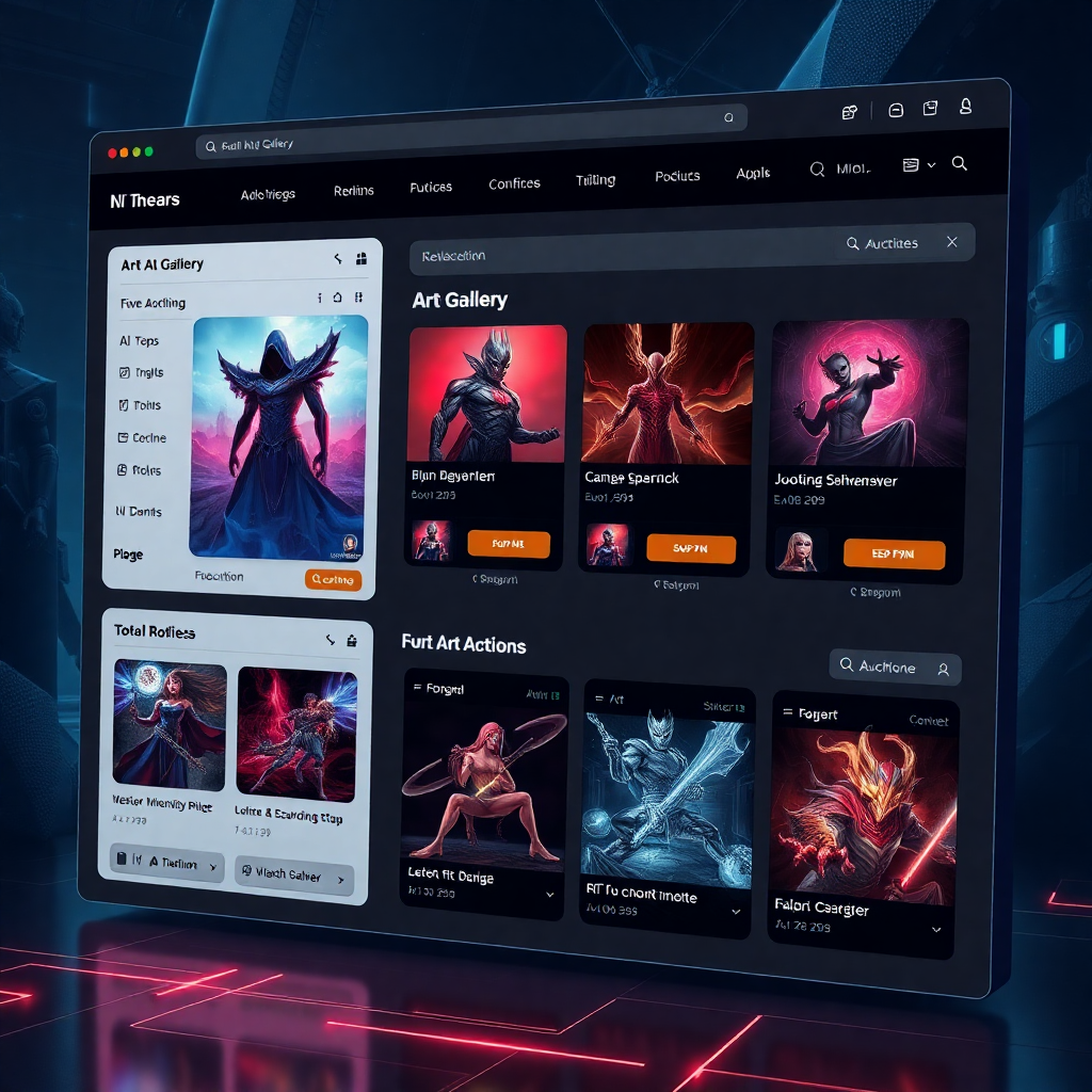 NFT marketplace interface showing digital art gallery and auction features, dark futuristic theme