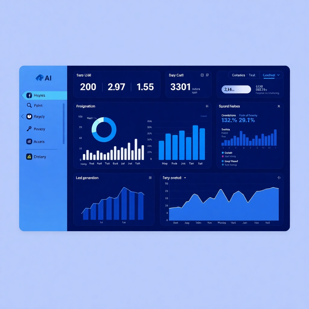 modern AI dashboard interface with data visualization charts, lead generation analytics, corporate blue color scheme, professional business software UI