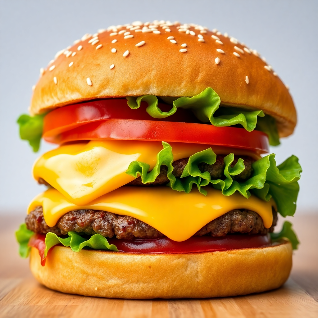 Delicious double cheeseburger with melting cheese, fresh lettuce, tomato, and sesame bun, studio food photography, vibrant colors