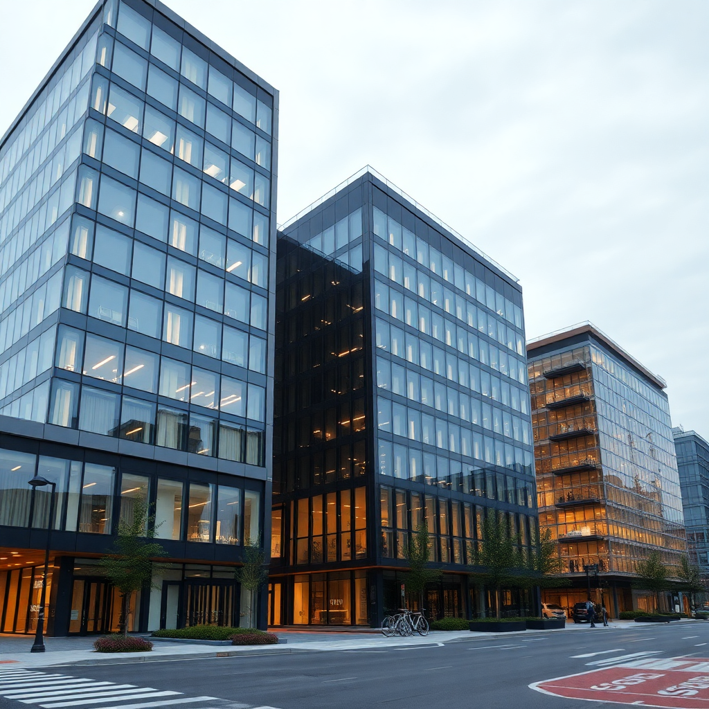 modern commercial real estate building complex, business district architecture, professional photography, corporate environment