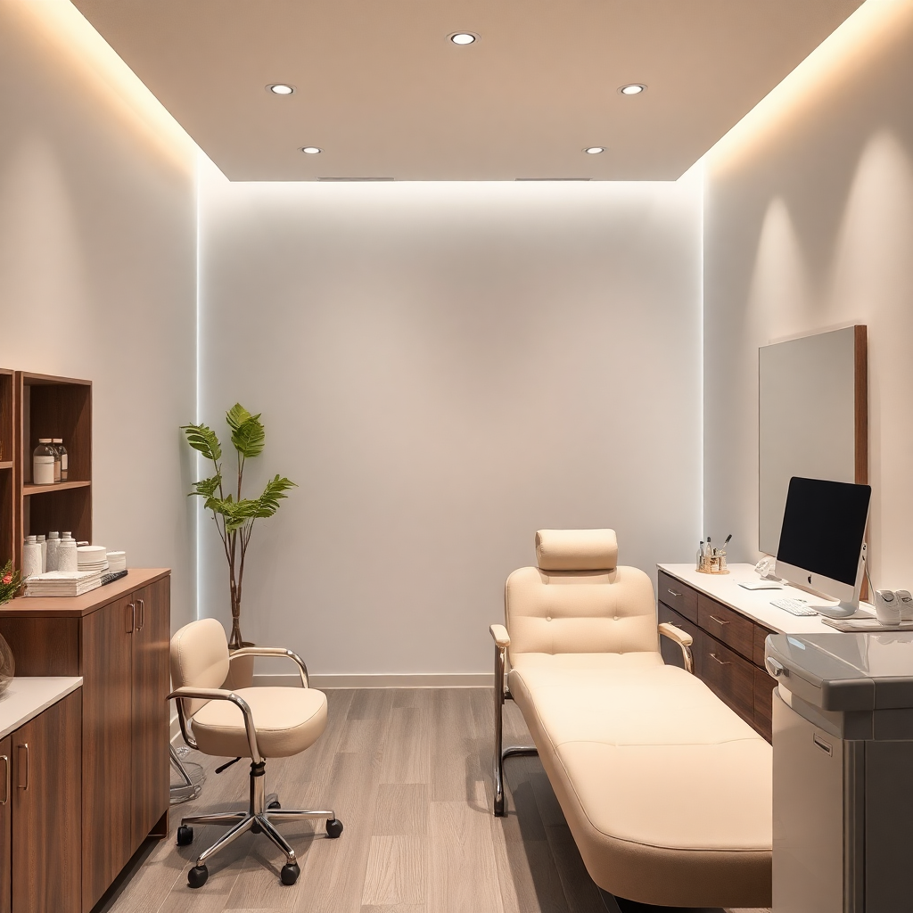 elegant modern beauty salon interior with soft lighting, minimalist design, treatment room with comfortable chair, natural colors, professional cosmetic equipment