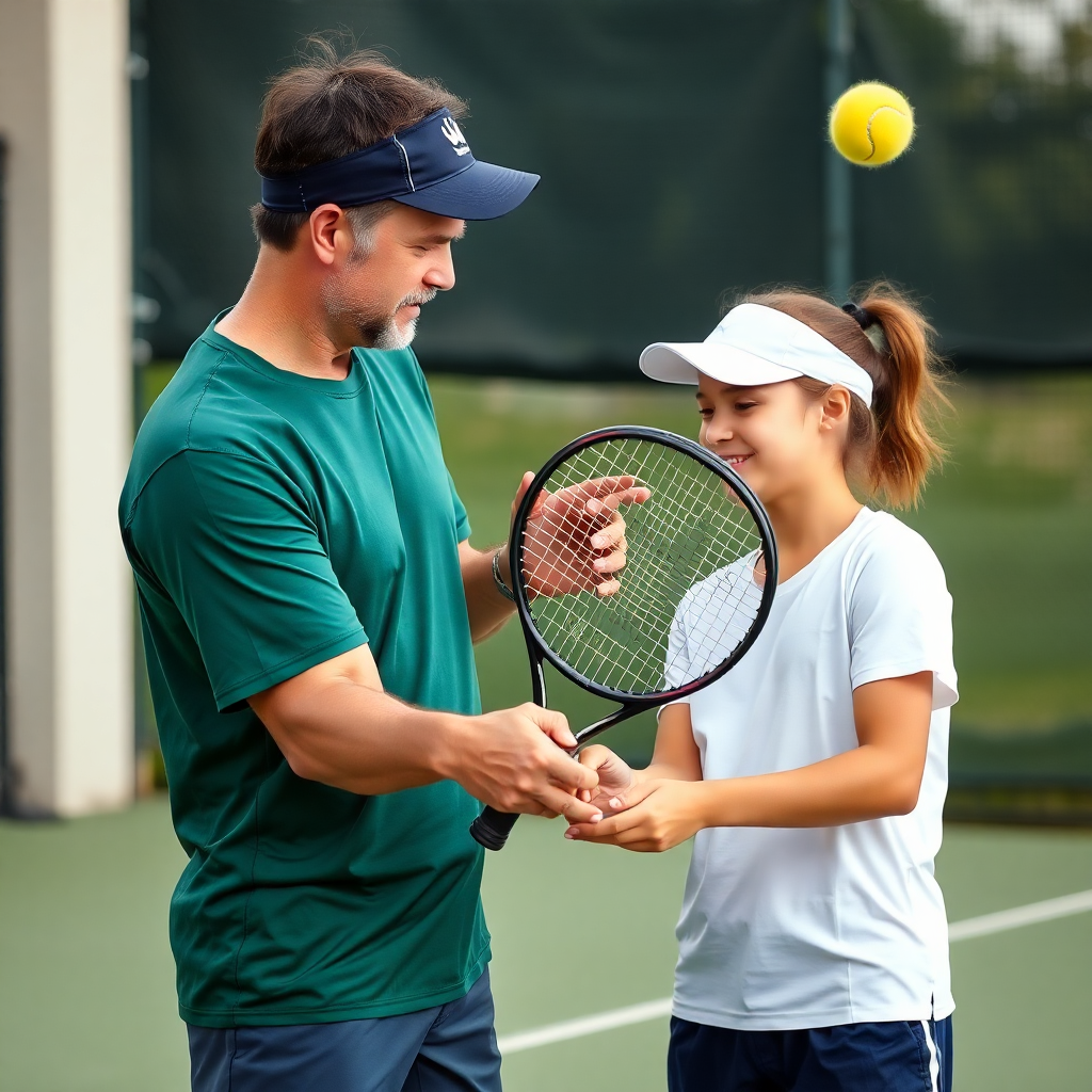 close up of tennis coach correcting a young player