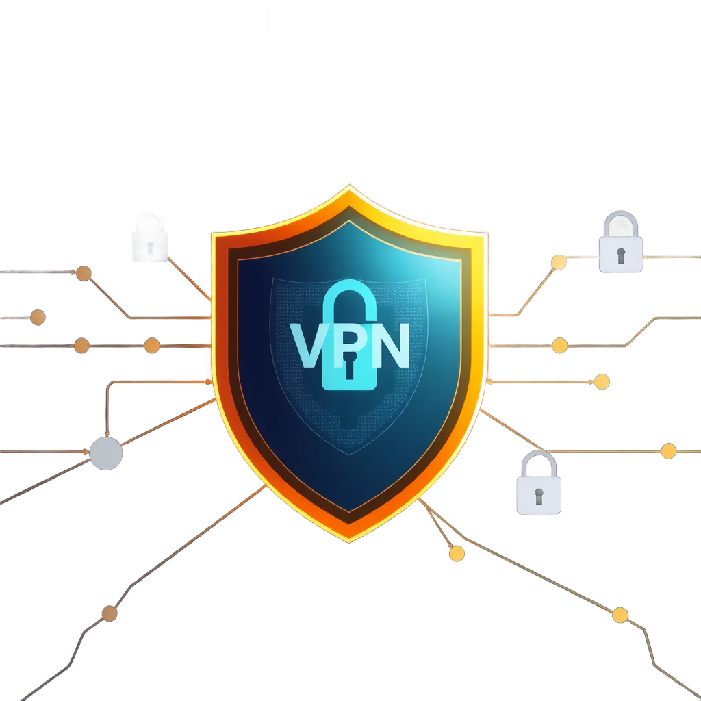 modern VPN shield protection digital security illustration with network connections and lock symbols, clean minimalist style