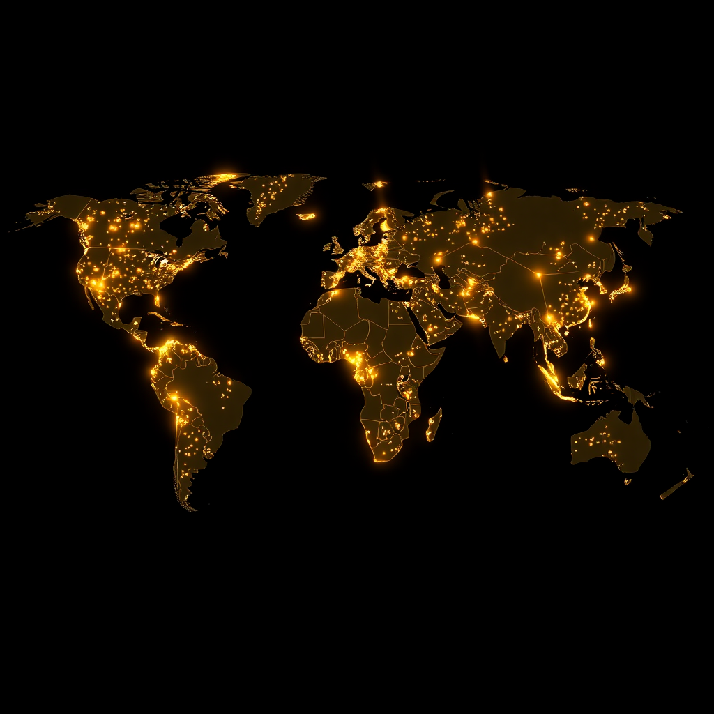 detailed world map with glowing golden connection lines between major cities, network nodes visualization, dark background with gold accents, modern infographic style