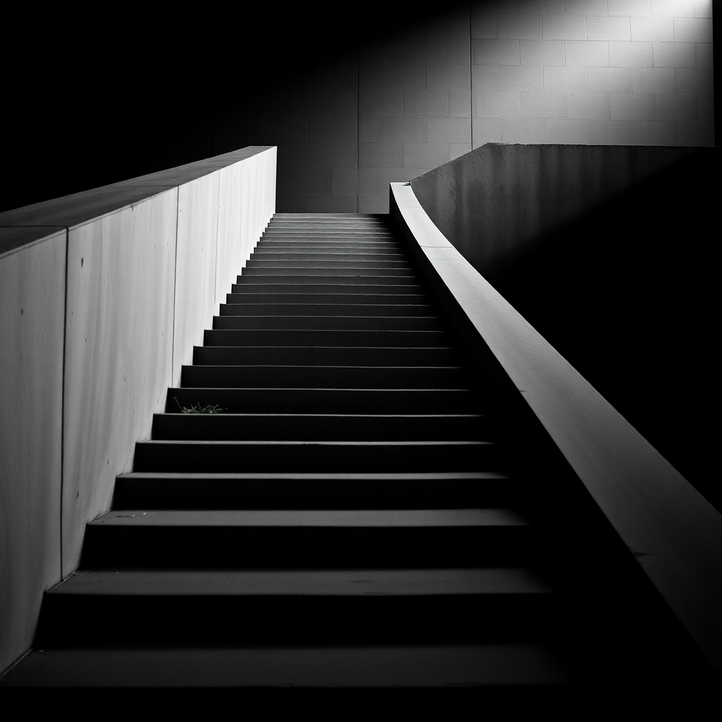 stark monochrome photograph of concrete steps leading upward into darkness, architectural documentary style, strong vertical lines, high contrast black and white