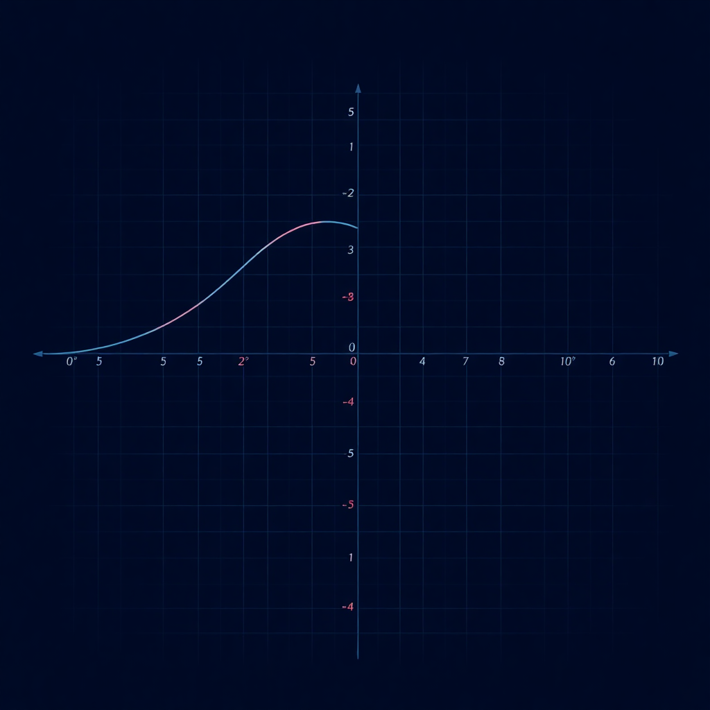 mathematical function graph showing parabolic curve with grid lines, calculus visualization, dark theme educational style, blue and dark colors