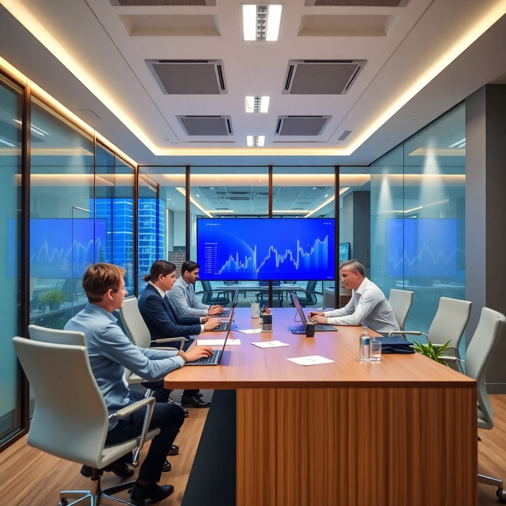 modern financial office with professionals working, sleek corporate environment