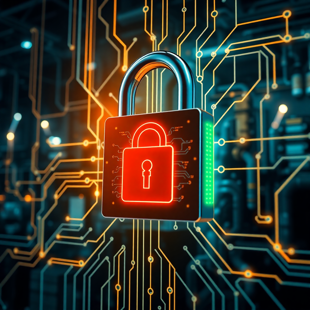 industrial cybersecurity concept, digital padlock protecting factory data