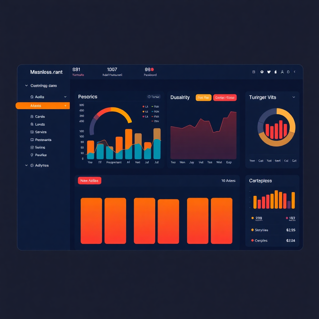 restaurant management software dashboard UI with colorful analytics, indigo and orange accent colors, modern interface