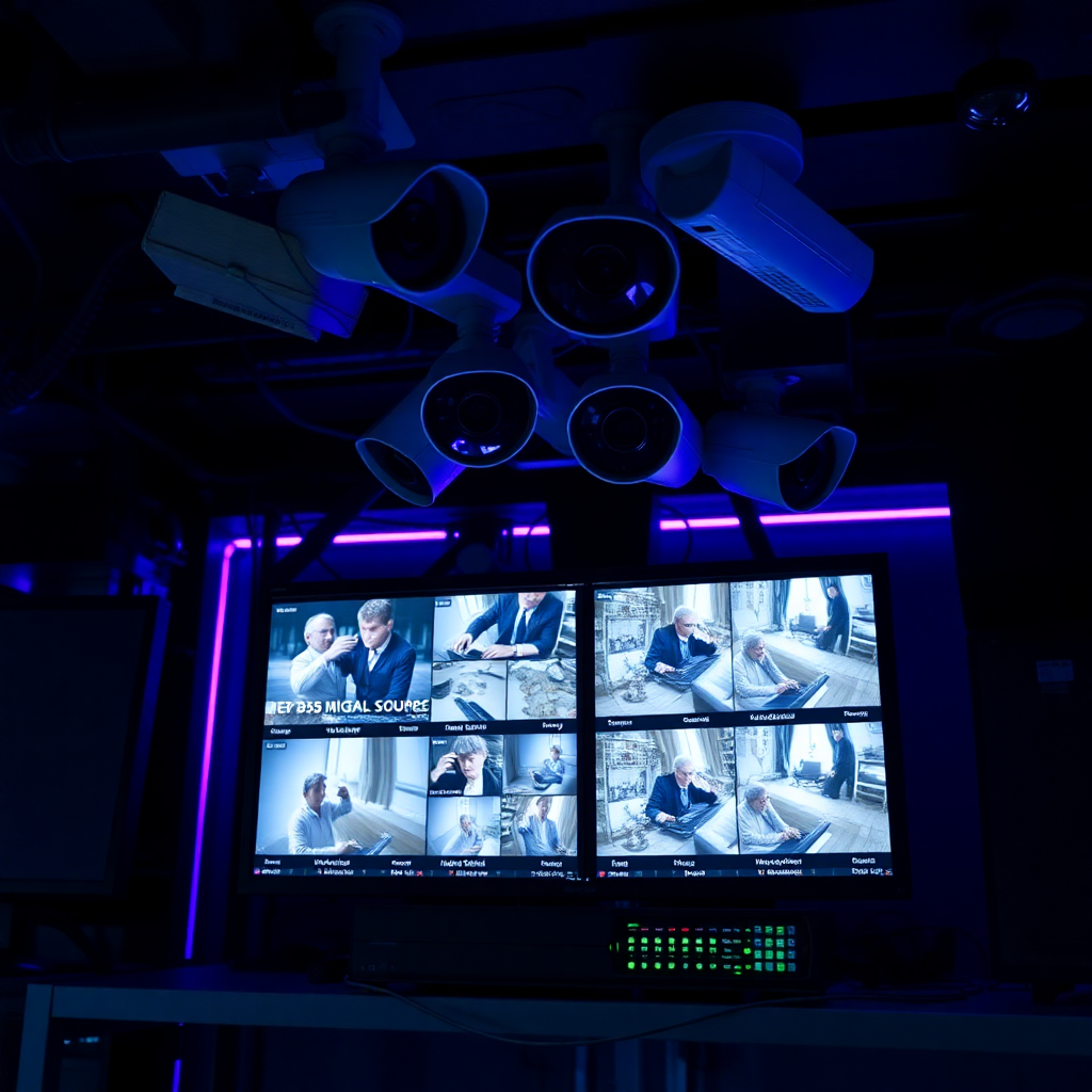modern security camera systems with NVR equipment, surveillance monitors displaying multiple camera feeds, dark tech environment with purple accent lighting
