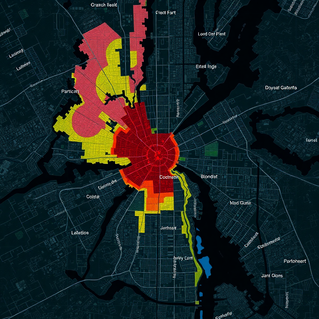 satellite view of flood-prone urban area with color-coded risk zones, dark futuristic interface overlay