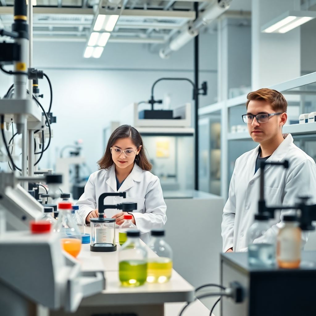 scientists in white lab coats working in a modern R&D laboratory with automated chemical handling equipment, professional lighting, high-tech instruments