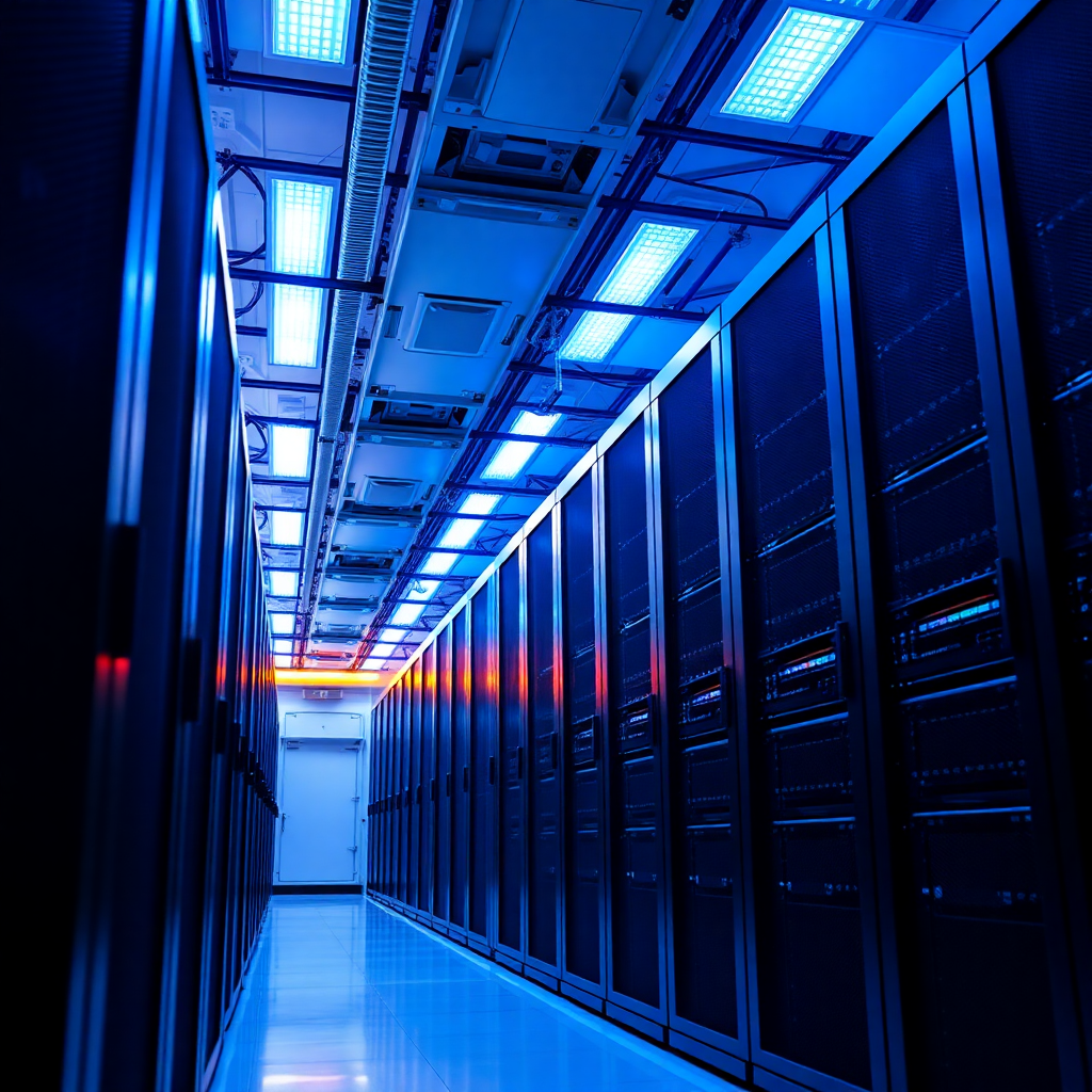 modern datacentre facility with server racks and blue lighting, professional technology infrastructure