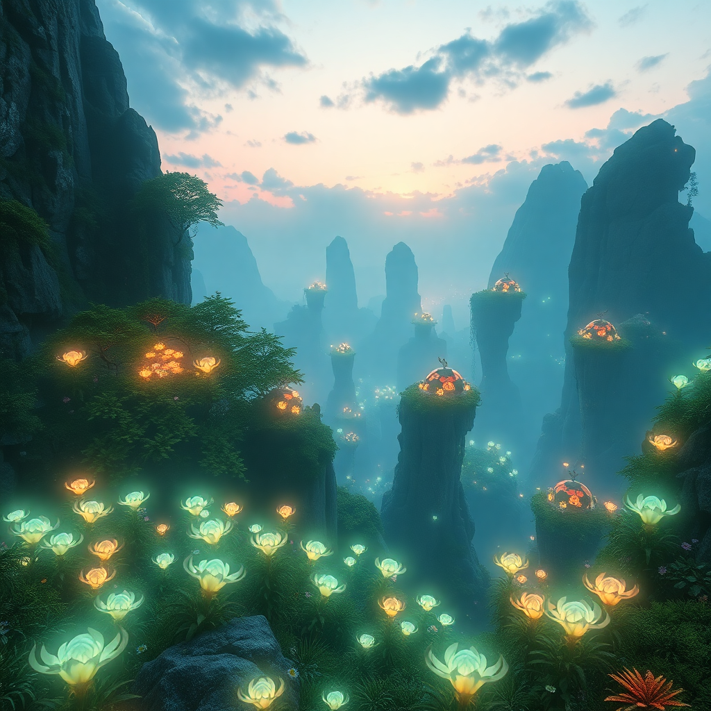 cinematic high fantasy landscape with floating islands and neon bioluminescent plants, hyper-realistic, 8k