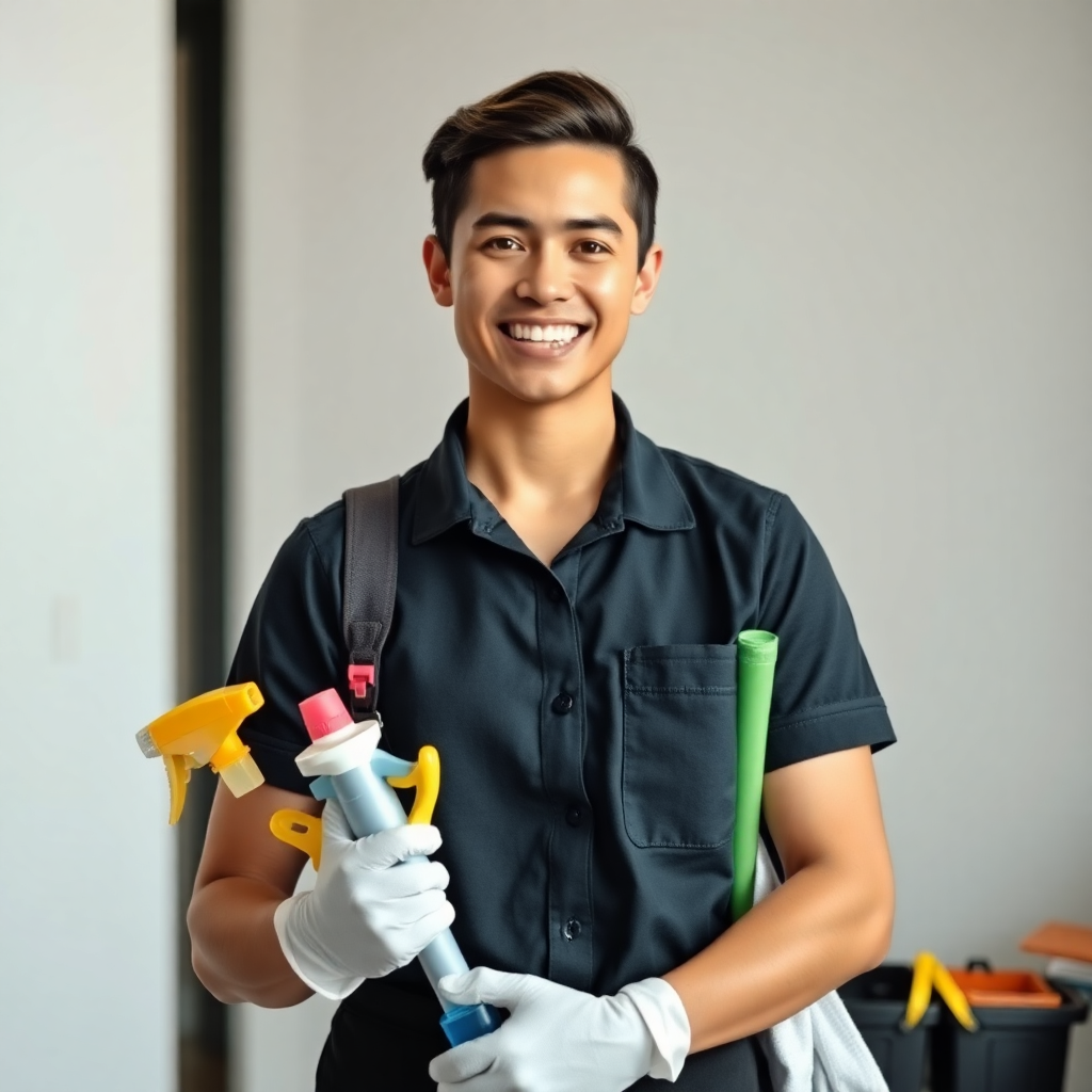 professional cleaning service worker in uniform with cleaning equipment and supplies smiling reliable confident portrait
