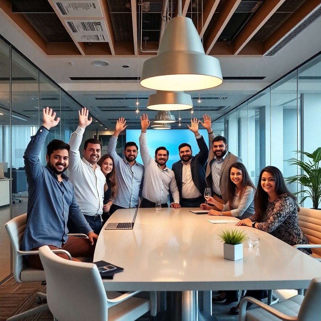 success celebration in modern office, team achievement, professional environment Dubai